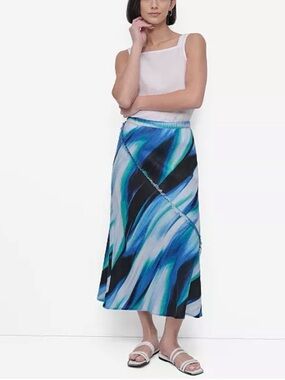 DKNY Linen A Line Midi Skirt Fringe Seam Elastic Waist Pull On Blue Green XL NWT